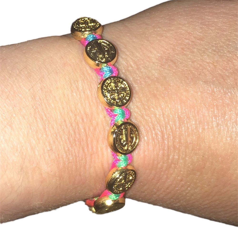 St Benedict Gold Medallion Multicolor Rainbow Adjustable Unisex Bracelet NEW
